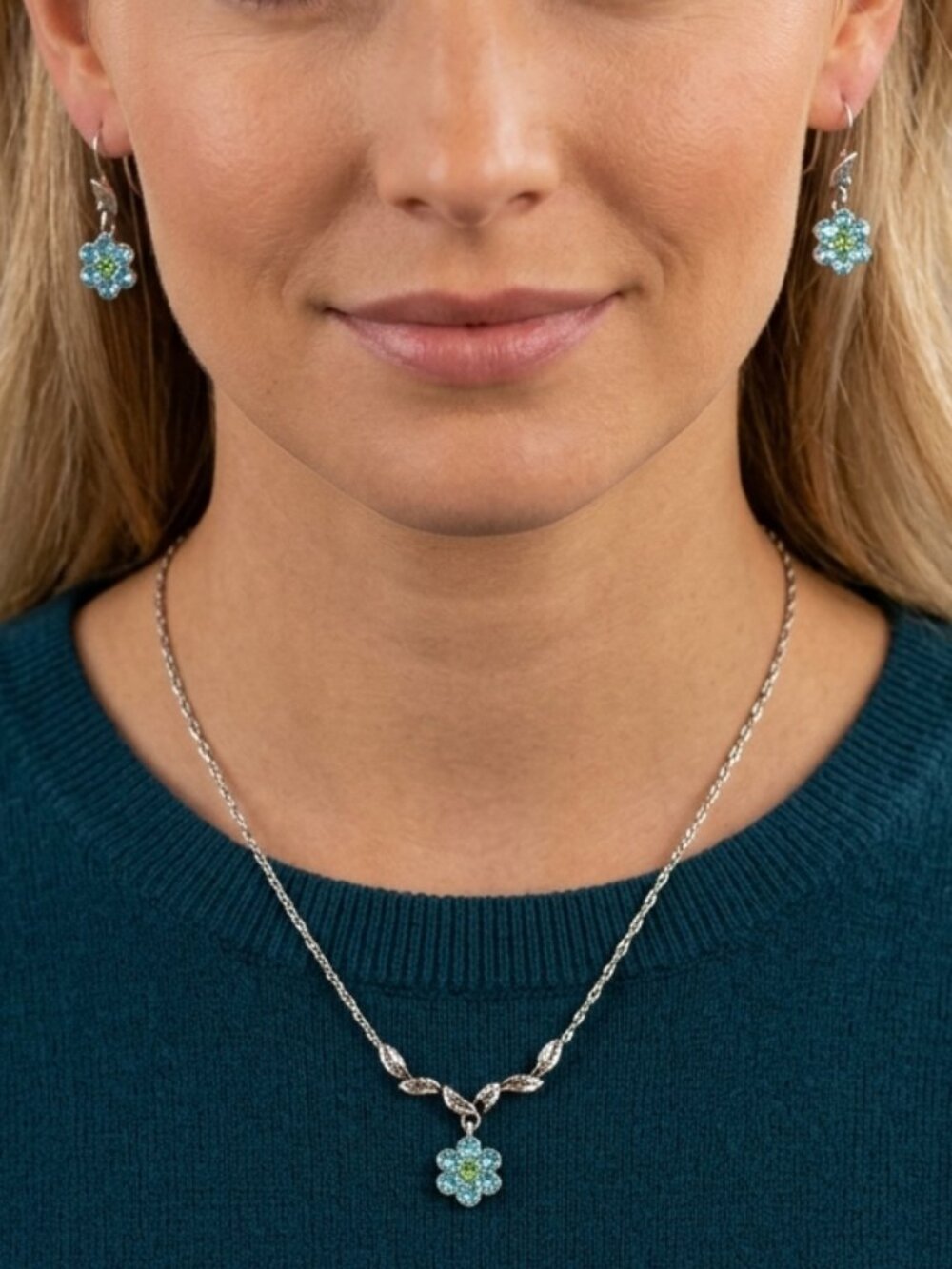 Silver Tone Chain Necklace & Pierced Earrings Blue & Green Rhinestones Flowers
